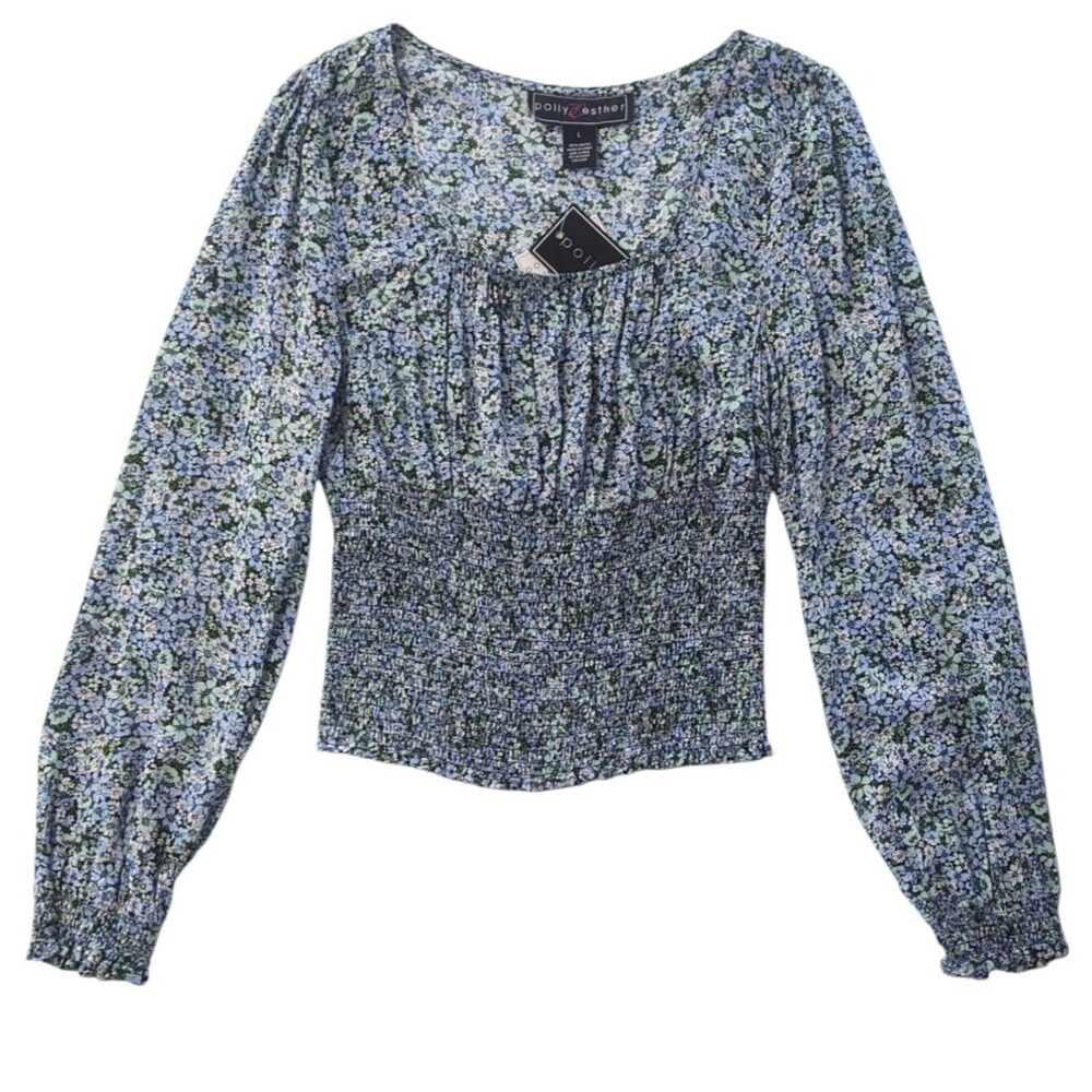 Polly & Esther Ditsy Floral Smocked L Large Long Sleeve Rayon Shirt Top NWT New